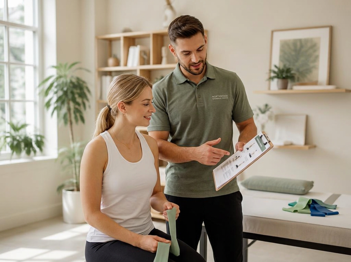 A male physical therapist guiding a patient through a shoulder mobility exercise