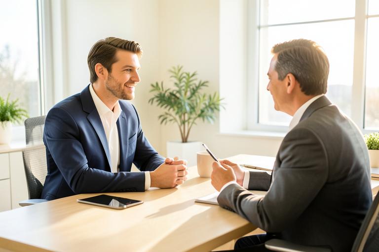 A professional advisor meeting with a client in a modern office